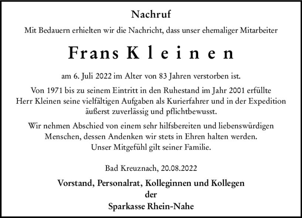  Traueranzeige für Frans Kleinen vom 20.08.2022 aus vrm-trauer Allgemeine  Zeitung Ingelheim-Bingen