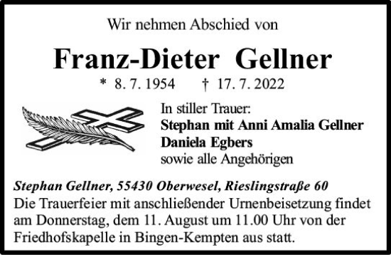 Traueranzeige von Franz-Dieter Gellner von vrm-trauer Allgemeine  Zeitung Ingelheim-Bingen