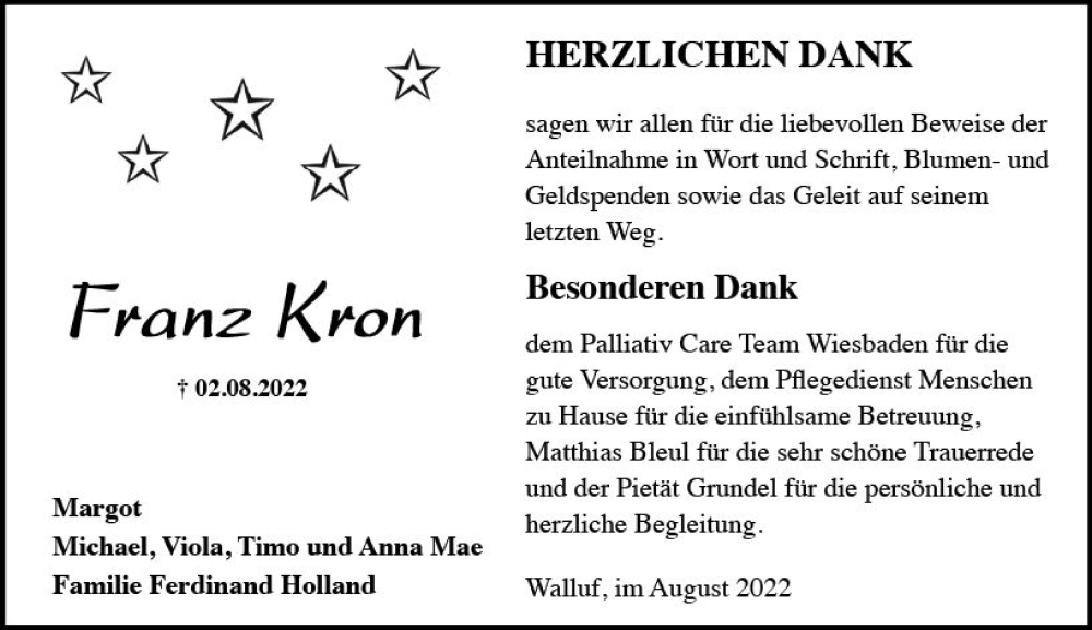  Traueranzeige für Franz Kron vom 27.08.2022 aus vrm-trauer Rheingau