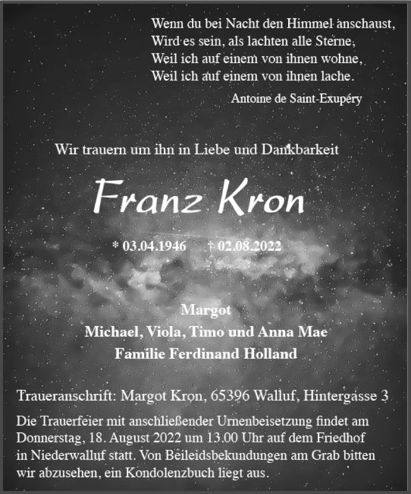  Traueranzeige für Franz Kron vom 06.08.2022 aus vrm-trauer Rheingau