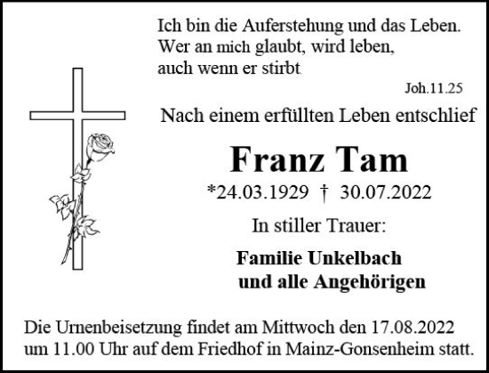 Traueranzeige von Franz Tam von vrm-trauer Allgemeine  Zeitung Ingelheim-Bingen