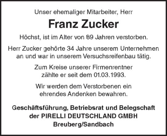 Traueranzeige von Franz Zucker von vrm-trauer Odenwälder Echo