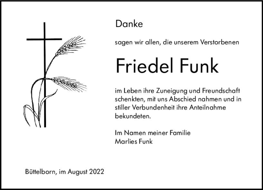  Traueranzeige für Friedel Funk vom 13.08.2022 aus vrm-trauer Groß-Gerauer Echo