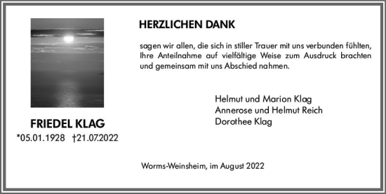 Traueranzeige von Friedel Klag von vrm-trauer Wormser Zeitung