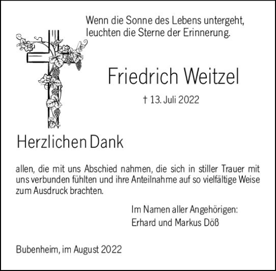 Traueranzeige von Friedrich Weitzel von vrm-trauer Allgemeine  Zeitung Ingelheim-Bingen
