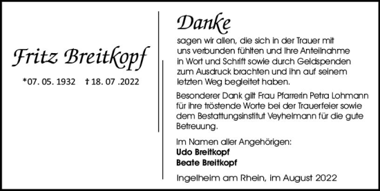Traueranzeige von Fritz Breitopf von vrm-trauer Allgemeine  Zeitung Ingelheim-Bingen