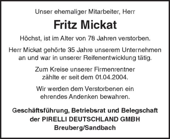 Traueranzeige von Fritz Mickat von vrm-trauer Odenwälder Echo