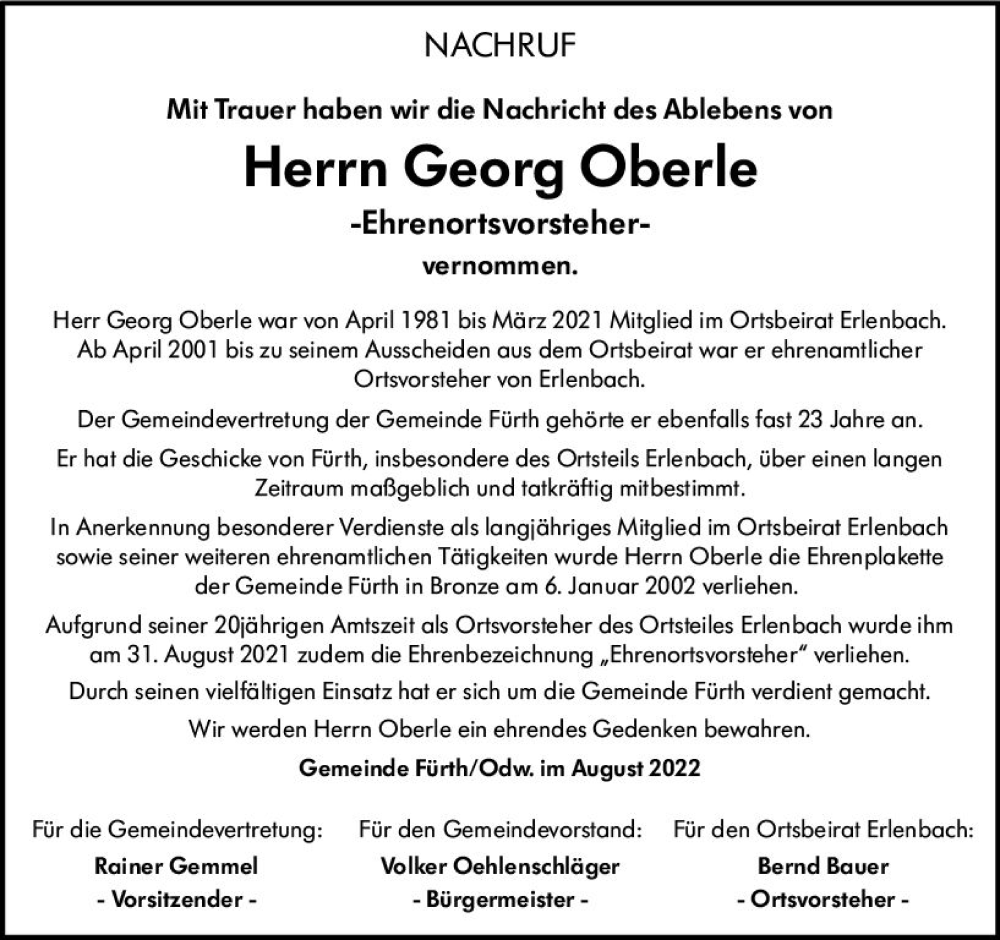  Traueranzeige für Georg Oberle vom 30.08.2022 aus vrm-trauer Bürstädter/Lamperth. Ztg/Starkenburger