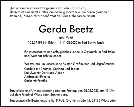 Traueranzeige von Gerda Beetz von vrm-trauer Wiesbadener Kurier