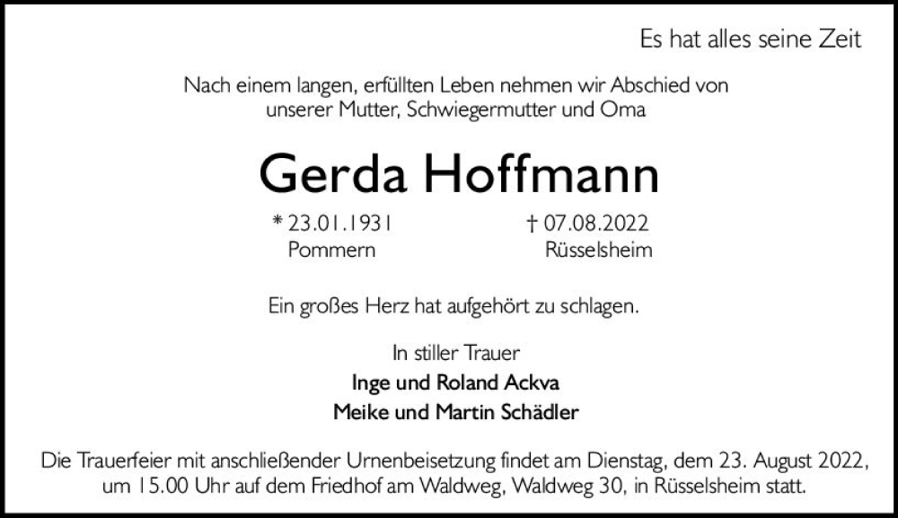  Traueranzeige für Gerda Hoffmann vom 20.08.2022 aus vrm-trauer Rüsselsheimer Echo / MainSpitze