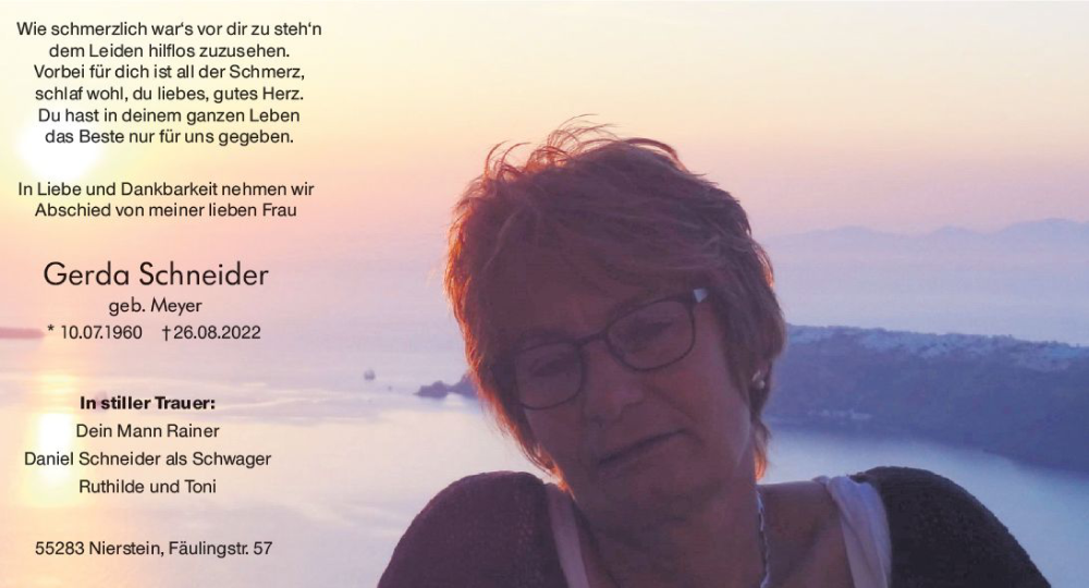  Traueranzeige für Gerda Schneider vom 31.08.2022 aus vrm-trauer AZ Mainz