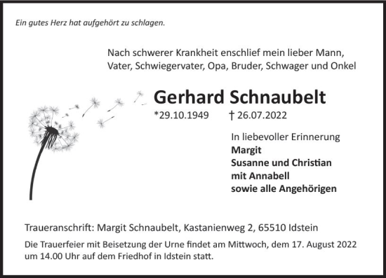 Traueranzeige von Gerhard Schnaubelt von vrm-trauer Idsteiner Zeitung