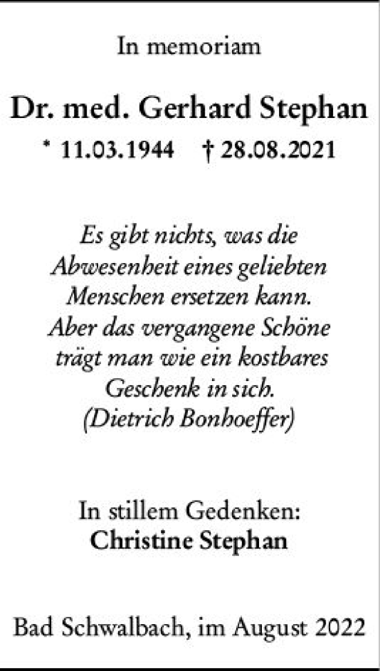 Traueranzeige von Gerhard Stephan von vrm-trauer Wiesbadener Kurier