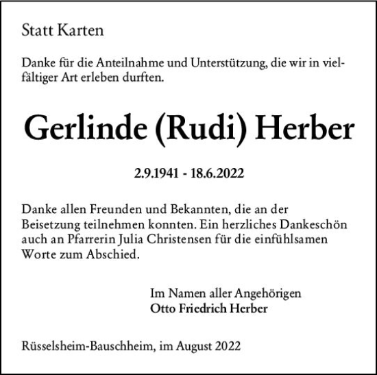 Traueranzeige von Gerlinde Herber von vrm-trauer Rüsselsheimer Echo / MainSpitze