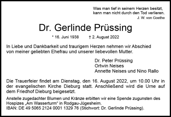 Traueranzeige von Gerlinde Prüssing von vrm-trauer DieburgerAnzeiger/Groß-Zimmerner Lokala