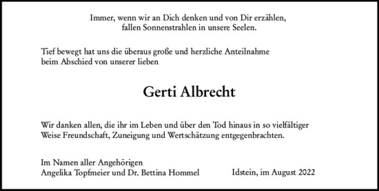 Traueranzeige von Gerti Albrecht von vrm-trauer Idsteiner Zeitung