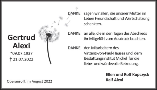 Traueranzeige von Gertrud Alexi von vrm-trauer Idsteiner Zeitung