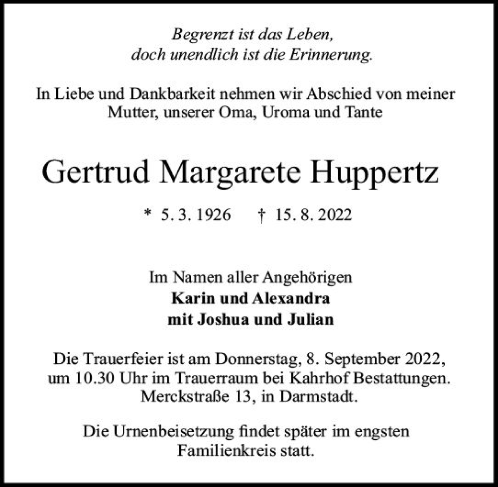  Traueranzeige für Gertrud Margarete Huppertz vom 27.08.2022 aus vrm-trauer Darmstädter Echo