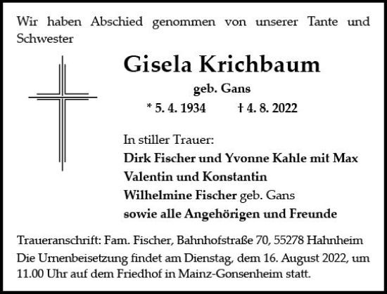 Traueranzeige von Gisela Krichbaum von vrm-trauer AZ Mainz