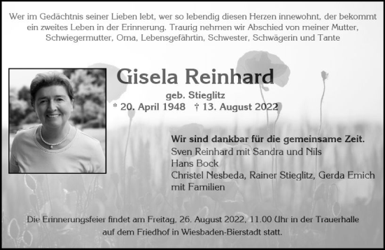 Traueranzeige von Gisela Reinhard von vrm-trauer Wiesbadener Kurier