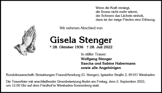 Traueranzeige von Gisela Stenger von vrm-trauer Wiesbadener Kurier