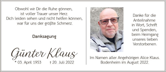 Traueranzeige von Günter Klaus von vrm-trauer Allgemeine  Zeitung Ingelheim-Bingen
