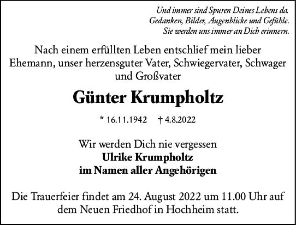  Traueranzeige für Günter Krumpholtz vom 19.08.2022 aus vrm-trauer Hochheimer Zeitung