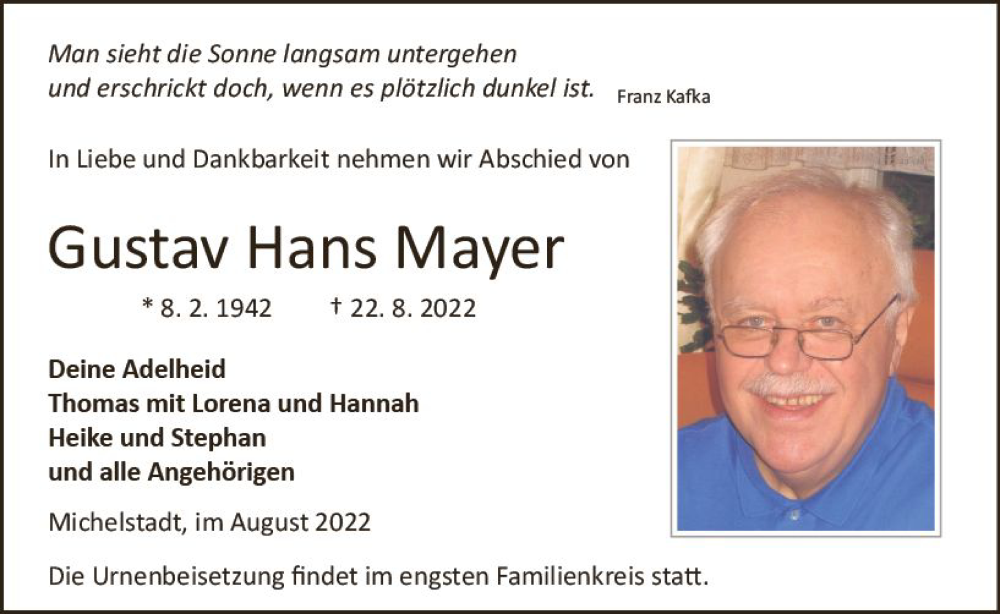  Traueranzeige für Gustav Hans Mayer vom 27.08.2022 aus vrm-trauer Odenwälder Echo