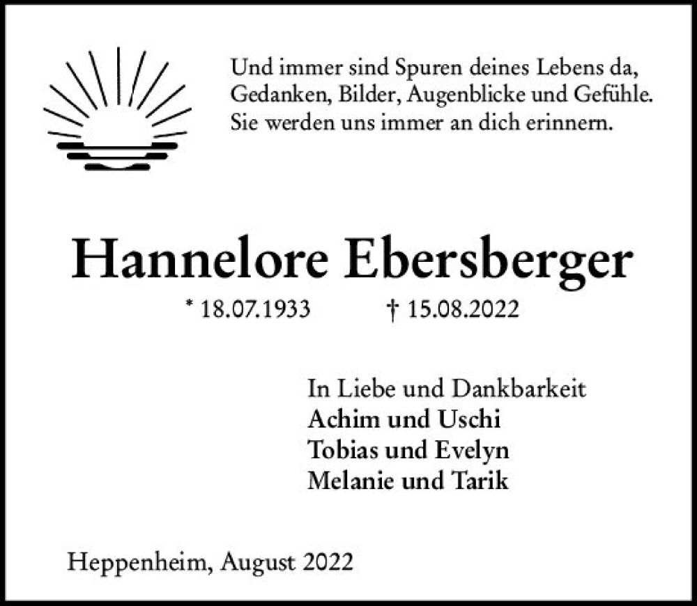  Traueranzeige für Hannelore Ebersberger vom 20.08.2022 aus vrm-trauer Bürstädter/Lamperth. Ztg/Starkenburger
