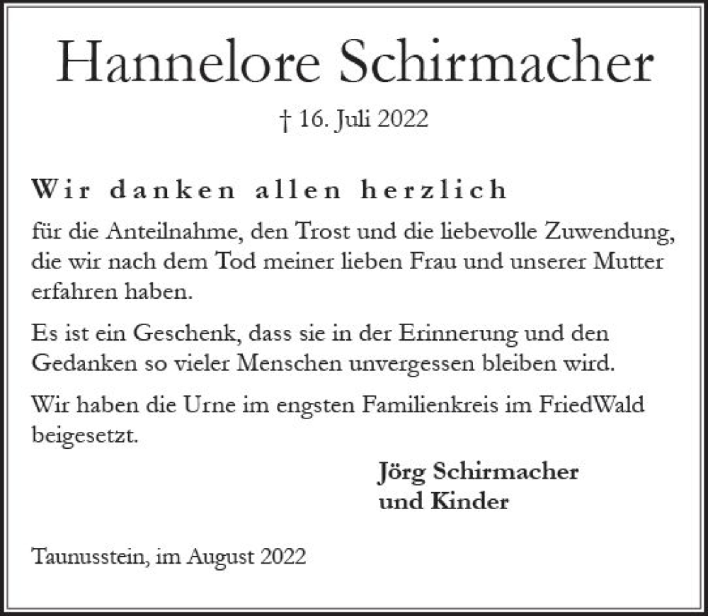  Traueranzeige für Hannelore Schürmacher vom 13.08.2022 aus vrm-trauer WK-UTA