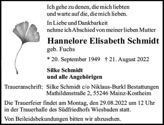 Traueranzeige von Hannelore Elisabeth Schmidt von vrm-trauer Wiesbadener Kurier