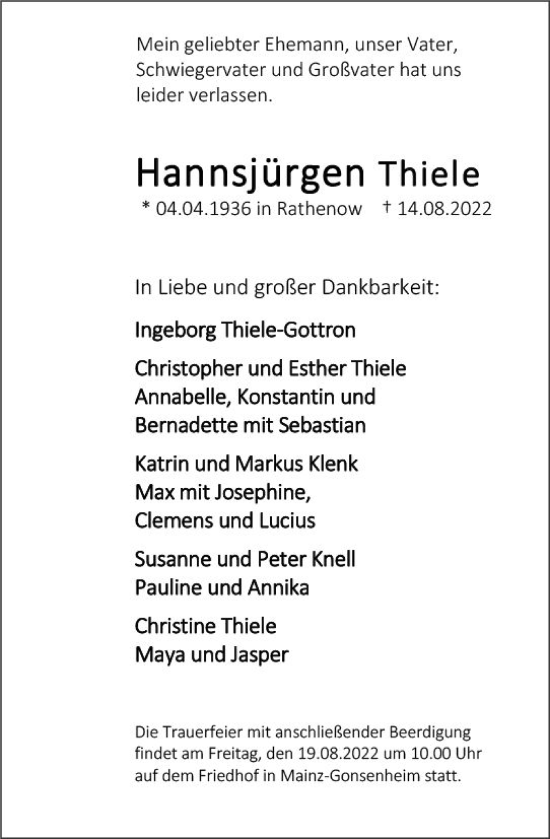 Traueranzeige von Hannsjürgen Thiele von vrm-trauer AZ Mainz