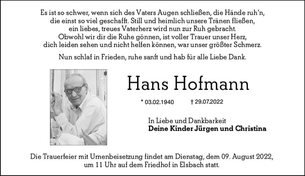  Traueranzeige für Hans Hofmann vom 06.08.2022 aus vrm-trauer Odenwälder Echo