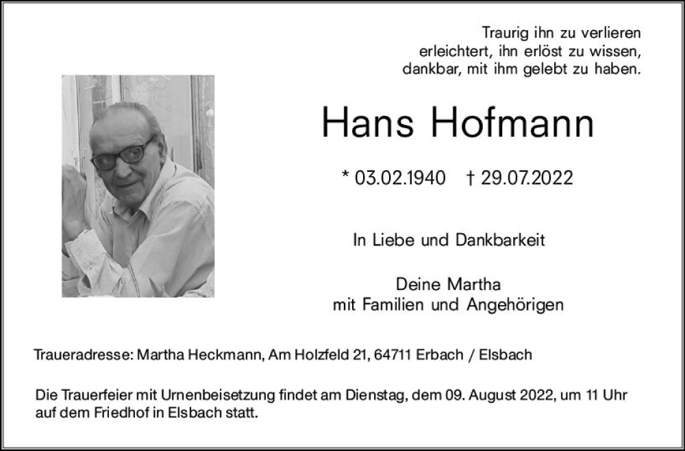  Traueranzeige für Hans Hofmann vom 06.08.2022 aus vrm-trauer Odenwälder Echo
