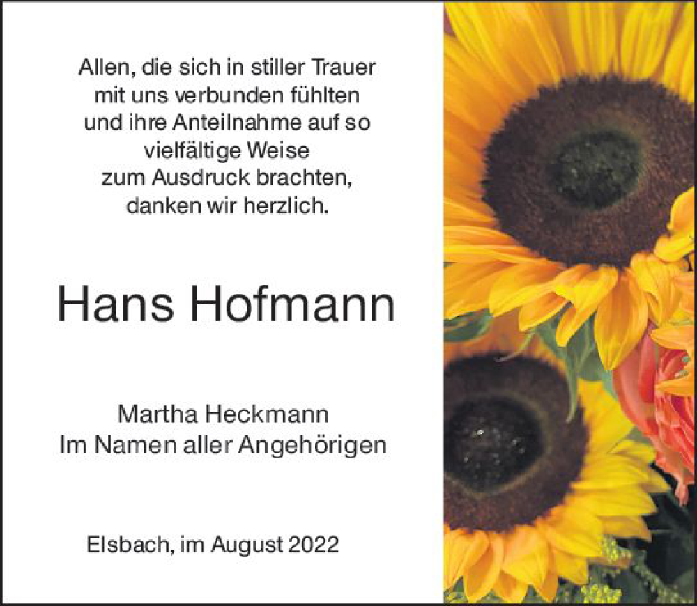  Traueranzeige für Hans Hofmann vom 27.08.2022 aus vrm-trauer Odenwälder Echo