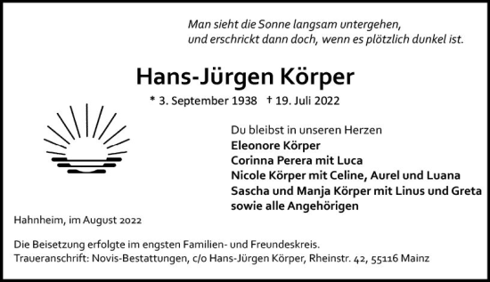 Traueranzeige von Hans-Jürgen Körper von vrm-trauer AZ Mainz