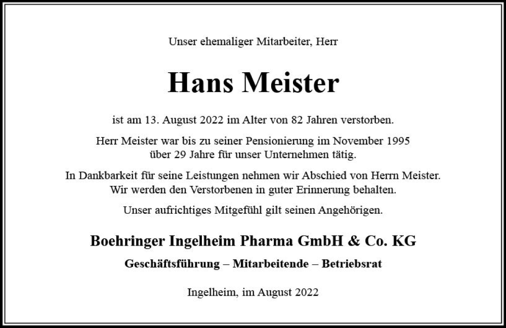  Traueranzeige für Hans Meister vom 24.08.2022 aus vrm-trauer Allgemeine  Zeitung Ingelheim-Bingen