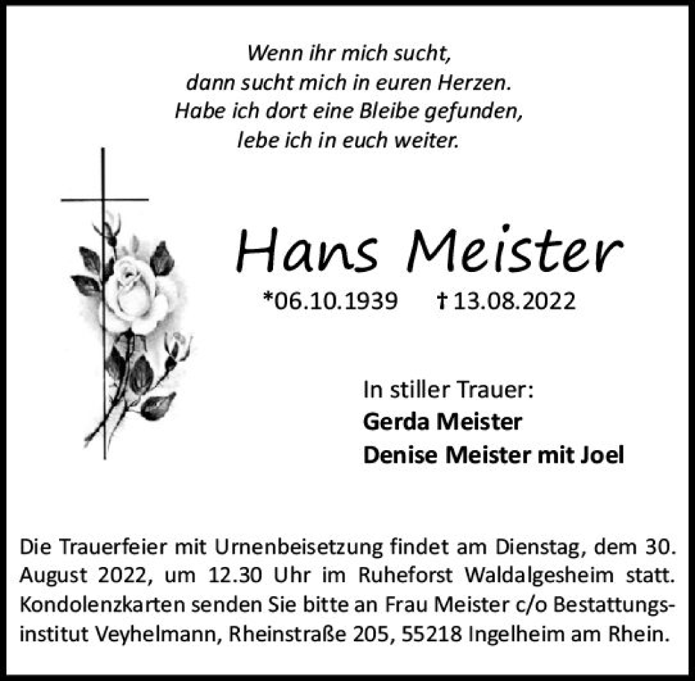 Traueranzeige für Hans Meister vom 20.08.2022 aus vrm-trauer Allgemeine  Zeitung Ingelheim-Bingen