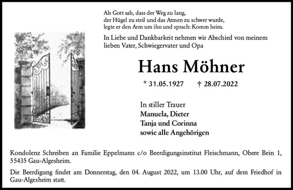 Traueranzeige für Hans Möhner vom 02.08.2022 aus vrm-trauer Allgemeine  Zeitung Ingelheim-Bingen