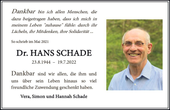 Traueranzeige von Hans Schade von vrm-trauer Wiesbadener Kurier