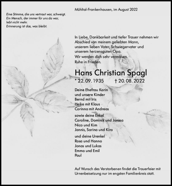 Traueranzeige von Hans Christian Spagl von vrm-trauer Darmstädter Echo