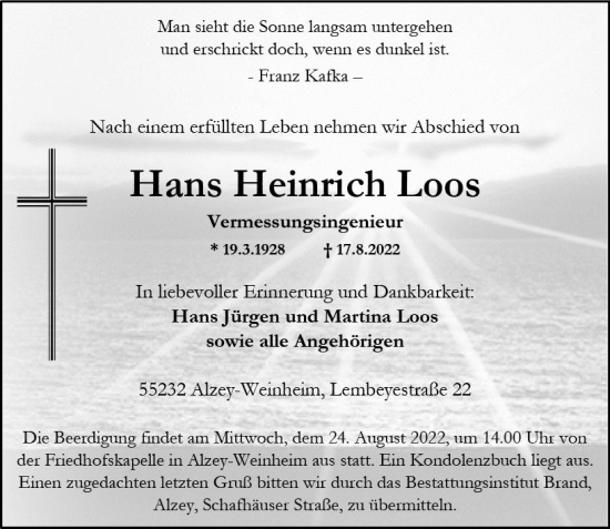 Traueranzeige von Hans Heinrich Loos von vrm-trauer Allgemeine Zeitung Alzey