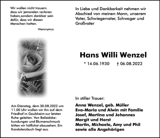 Traueranzeige von Hans Willi Wenzel von vrm-trauer Allgemeine  Zeitung Ingelheim-Bingen