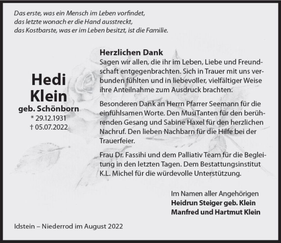 Traueranzeige von Heidi Klein von vrm-trauer Idsteiner Zeitung