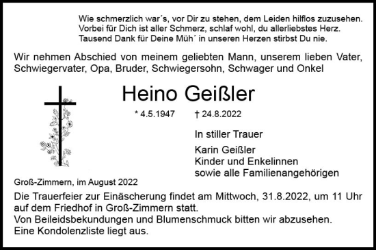 Traueranzeige von Heino Geißler von vrm-trauer DieburgerAnzeiger/Groß-Zimmerner Lokala