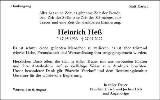 Traueranzeige von Heinrich Heß von vrm-trauer Wormser Zeitung