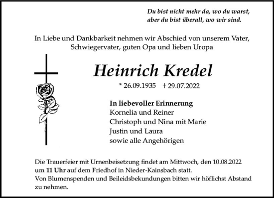 Traueranzeige von Heinrich Kredel von vrm-trauer Odenwälder Echo