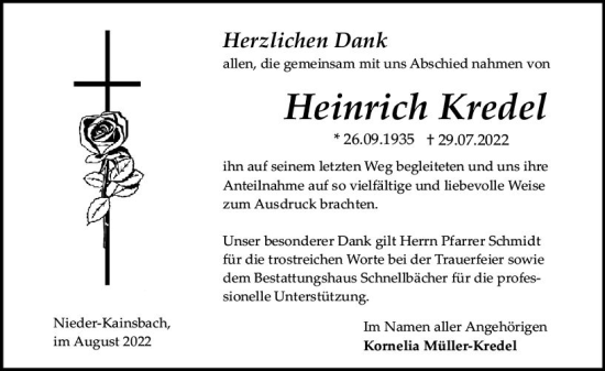 Traueranzeige von Heinrich Kredel von vrm-trauer Odenwälder Echo