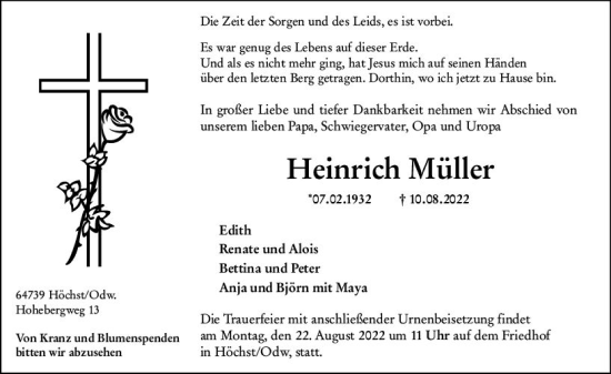 Traueranzeige von Heinrich Müller von vrm-trauer Odenwälder Echo