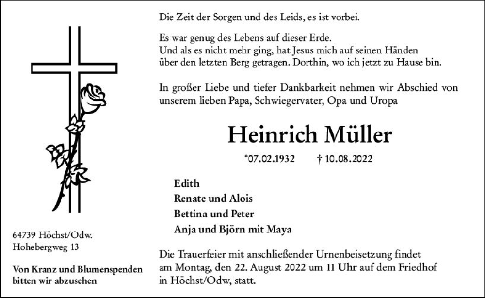  Traueranzeige für Heinrich Müller vom 13.08.2022 aus vrm-trauer Odenwälder Echo